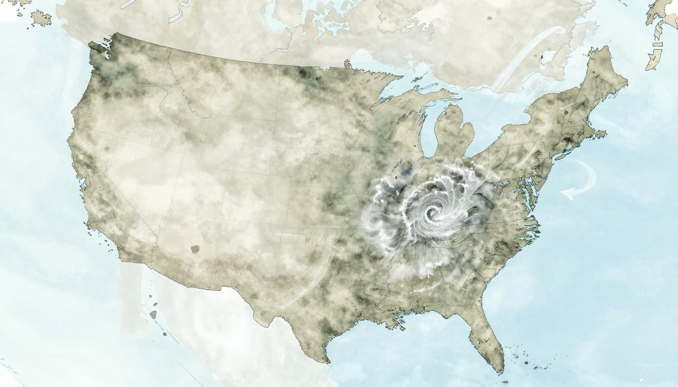 Watercolor-style outline of North America depicting smooth steady ocean air from the west coast contrasting with chaotic swirling storms on the east coast, featuring a jet stream arrow above, soft blending, earthy muted palette on pale blue background.