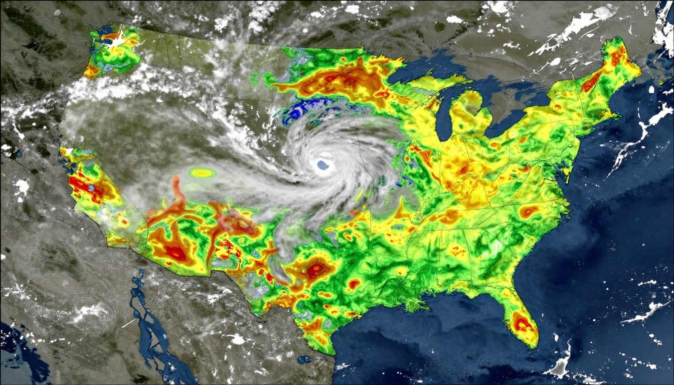 Detailed satellite and radar composite image of a major storm system approaching the US East Coast, with colorful precipitation radar overlays on cloud formations in a realistic meteorological style.