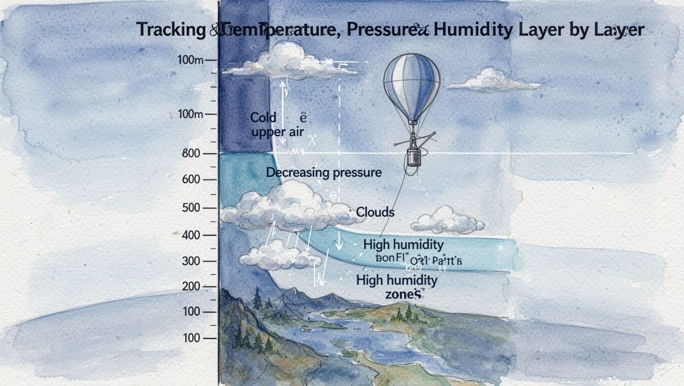 Watercolor-style vertical cross-section of Earth's atmosphere layers during weather balloon radiosonde ascent, showing temperature gradient, decreasing pressure, and high humidity cloud zones with cool blue tones and altitude scale.