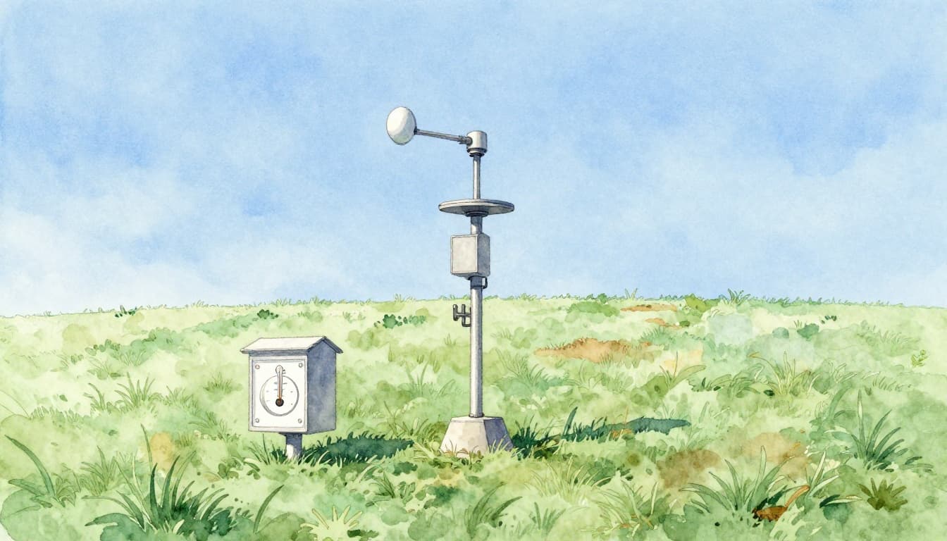 A watercolor illustration of a remote automatic weather station on a grassy hill, equipped with anemometer, rain gauge, thermometer shelter, and solar panel under a clear blue sky.