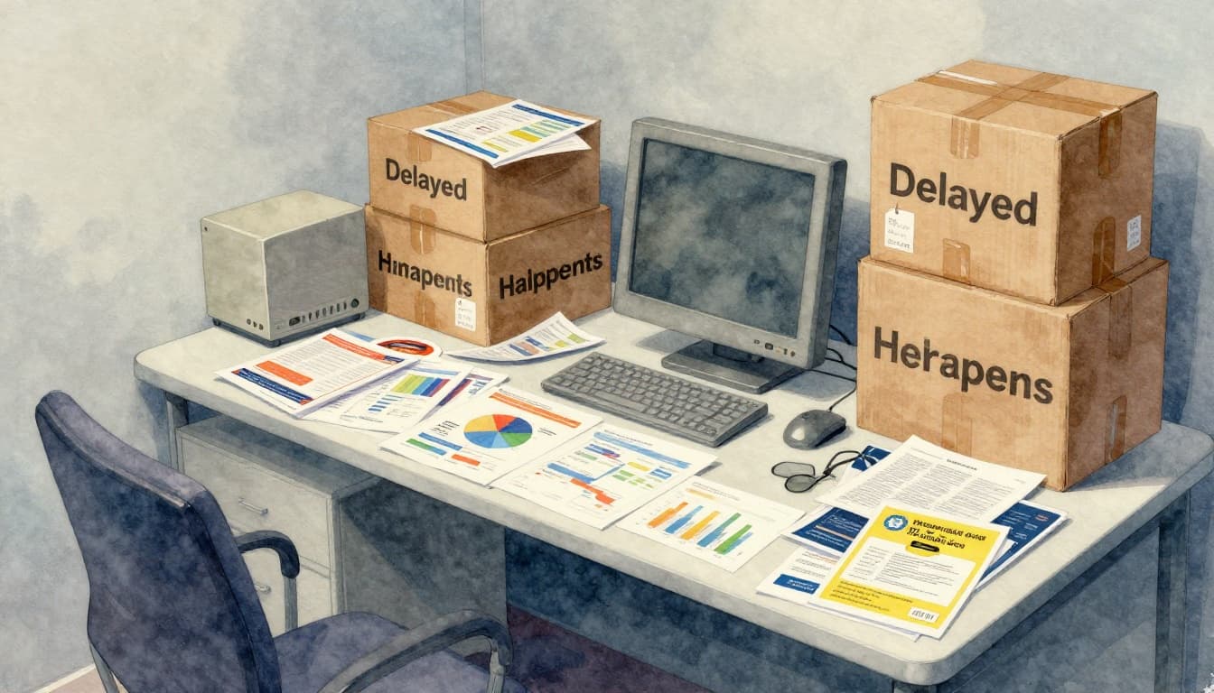 Watercolor style top-down view of a cluttered office desk piled with tangled data charts, delayed shipment boxes, promotion flyers, price tags, and an outdated computer in dim warm lighting with pale blue-gray tones.