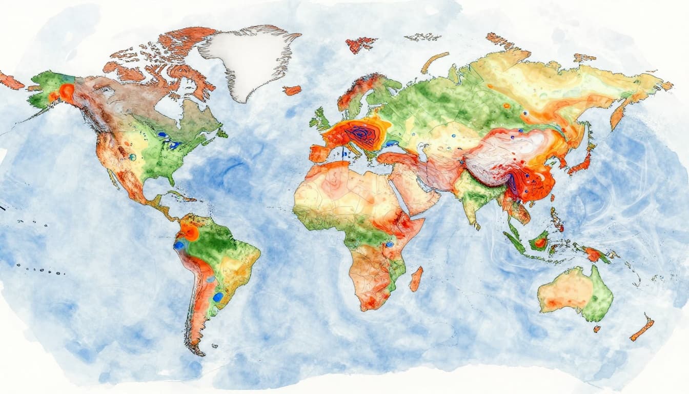 Vibrant watercolor-style overlay of multiple colorful weather forecast maps on a world map base, blending global and regional views with temperature gradients in reds, oranges, and blues, precipitation bands, and wind streamlines.