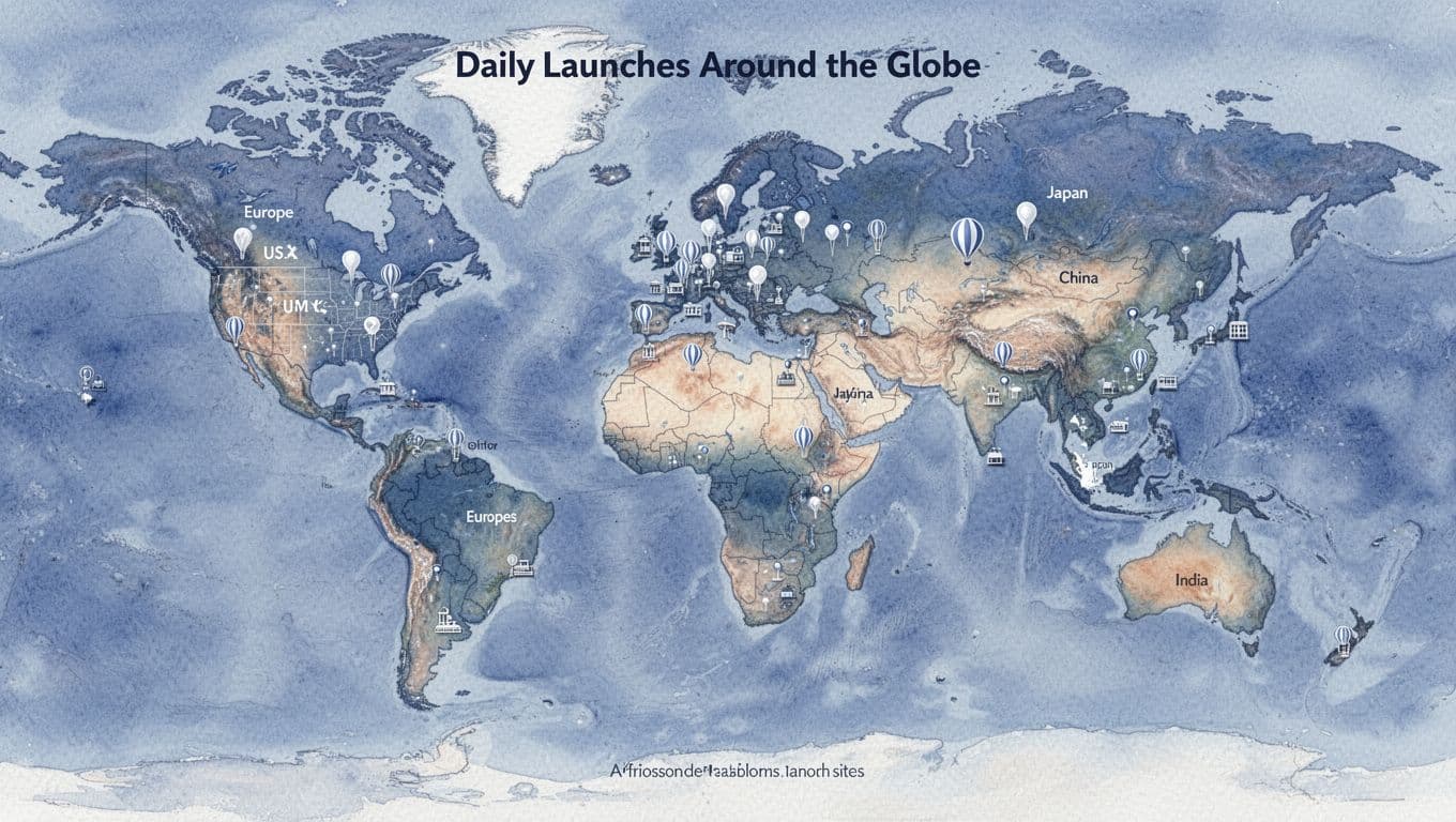 A watercolor-style world map with soft blending and visible brush textures, highlighting major weather balloon radiosonde launch sites across the US, Europe, Asia, and Africa using small icons or dots on key locations like the US heartland, western Europe, China, Japan, and India. Rendered in cool blue tones with landscape aspect ratio, no text, labels, people, or extra elements.