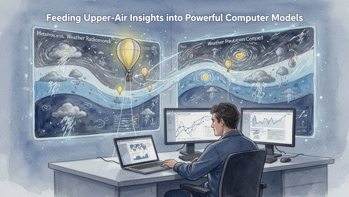 Watercolor style illustration of a meteorologist at a desk with laptop and monitor integrating weather balloon radiosonde data into large glowing weather prediction models on screens, featuring atmospheric layers and storm icons in soft blue tones.