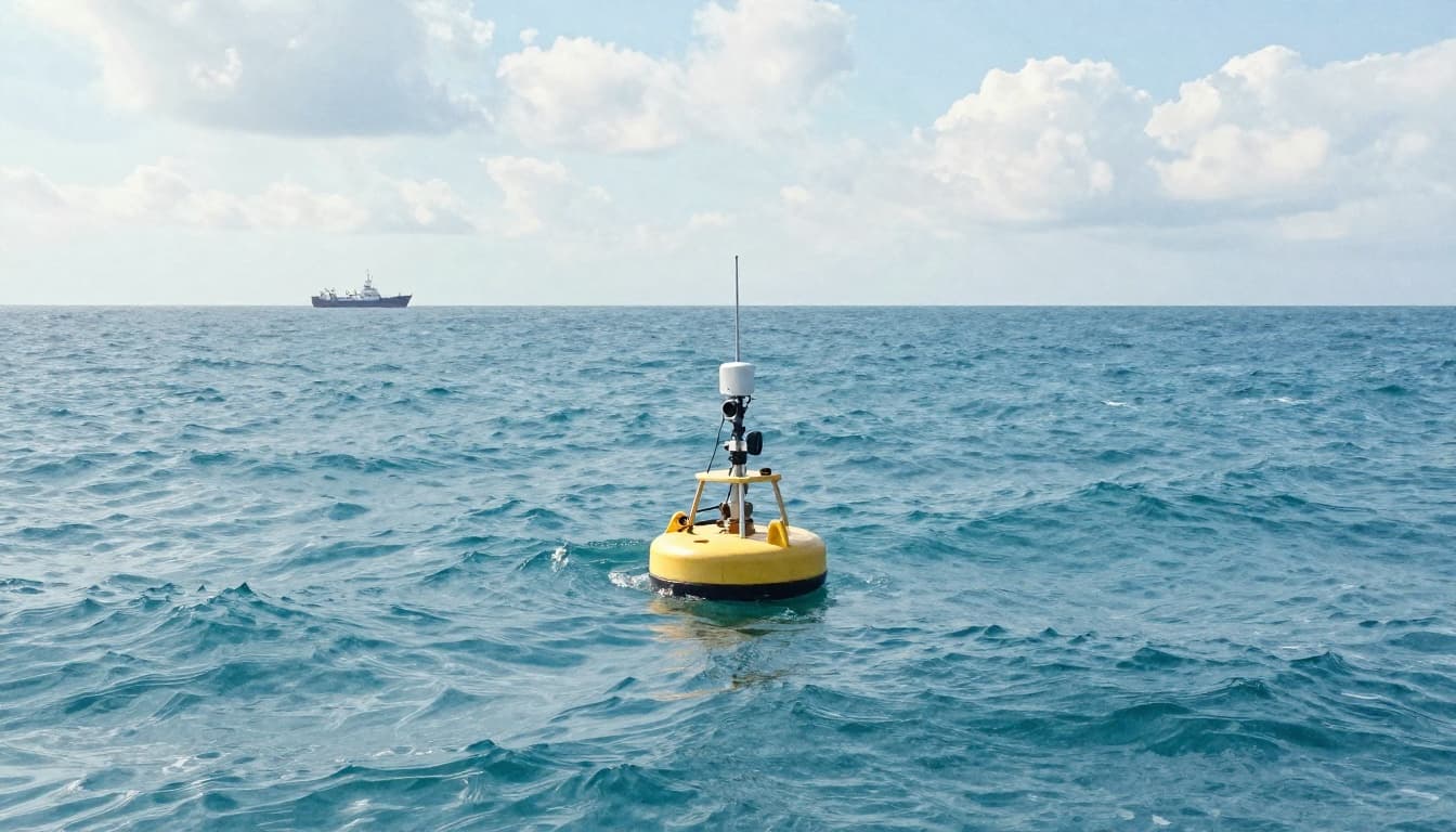 Ocean buoy floating on wavy sea with sensors and antenna under partly cloudy sky, distant ship on horizon.