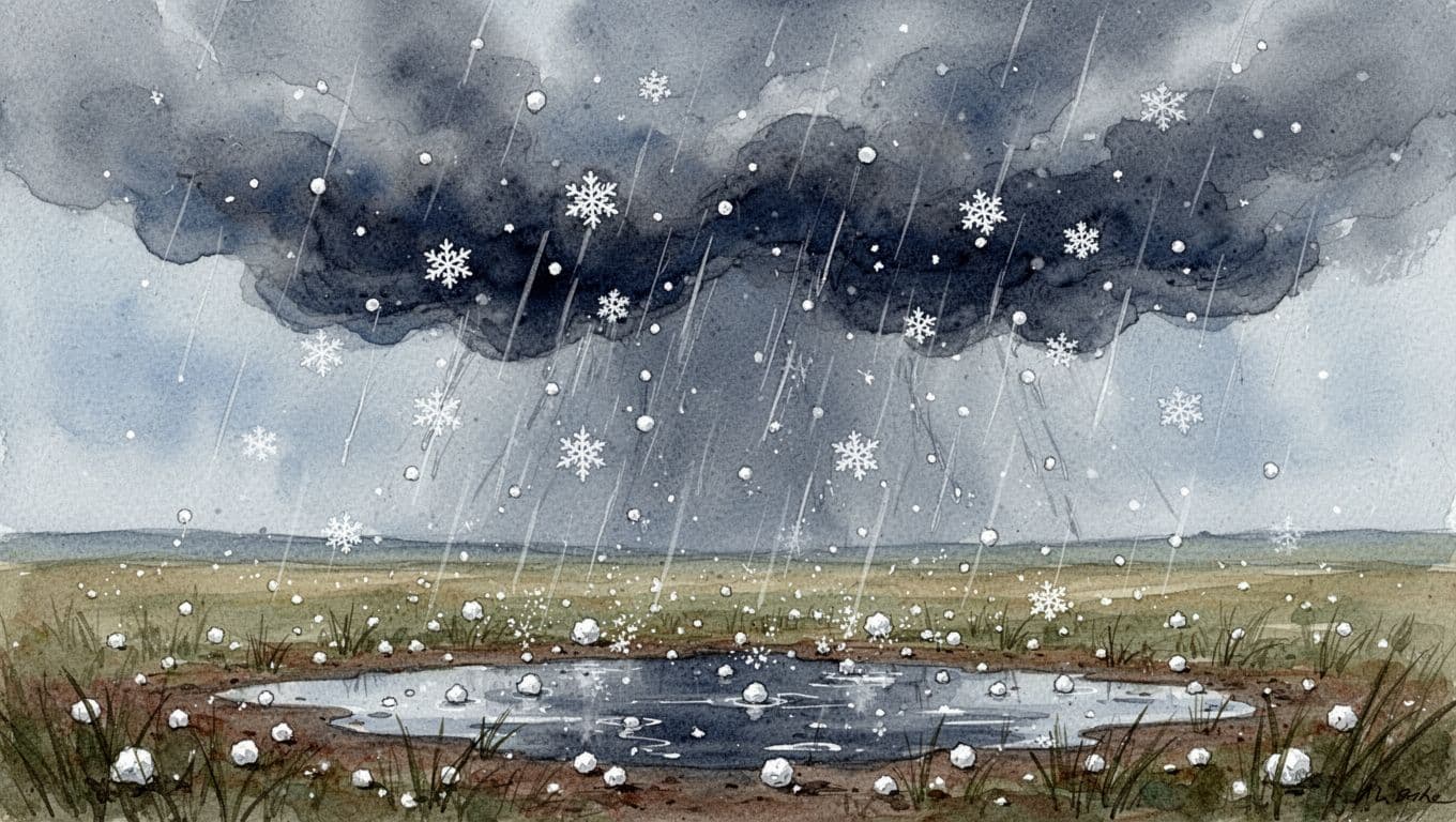 Dark nimbus clouds dropping rain, snowflakes, and small hail onto wet ground with puddles. Stormy sky over a meadow, centered composition.