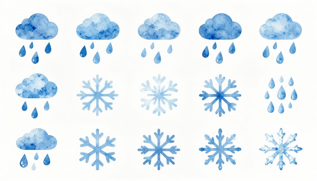 Watercolor style icons for various precipitation types including slanted blue rain drops, white snowflakes, mixed rain and snow, sleet pellets, and freezing rain with ice outlines, arranged side by side on a pale gray cloudy background with soft blending brush texture in cool blues and whites.