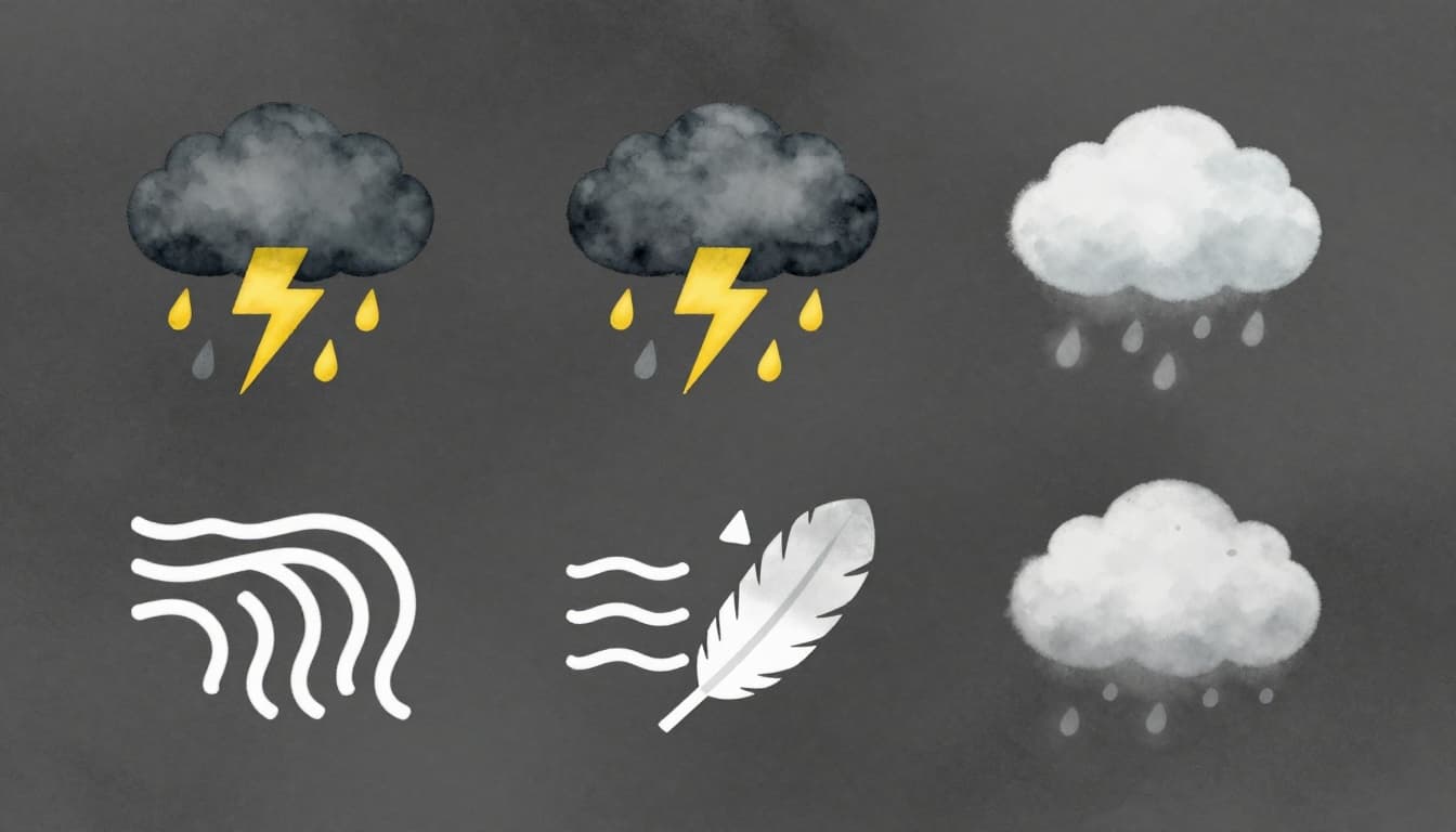 Watercolor icons for severe weather featuring a dark cloud with yellow lightning and rain for thunderstorm, wind gusts with wavy lines and arrow, and dense fog cloud; arranged on stormy gray background with soft brush textures.