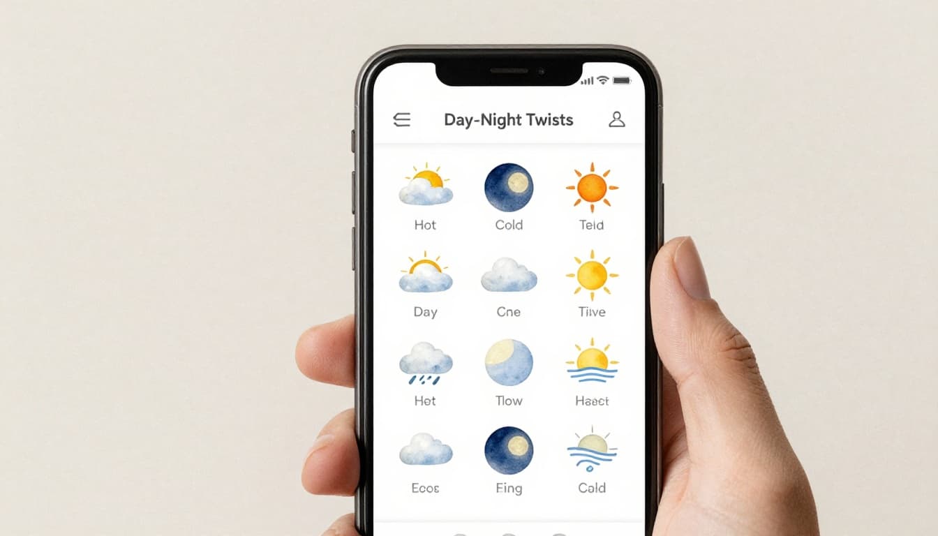 Watercolor-style smartphone screen showing weather app icons for partly sunny showers, night clear moon, and hot sun heat waves, held relaxed in hands at an angle with blurred screen, neutral background, cool tones.