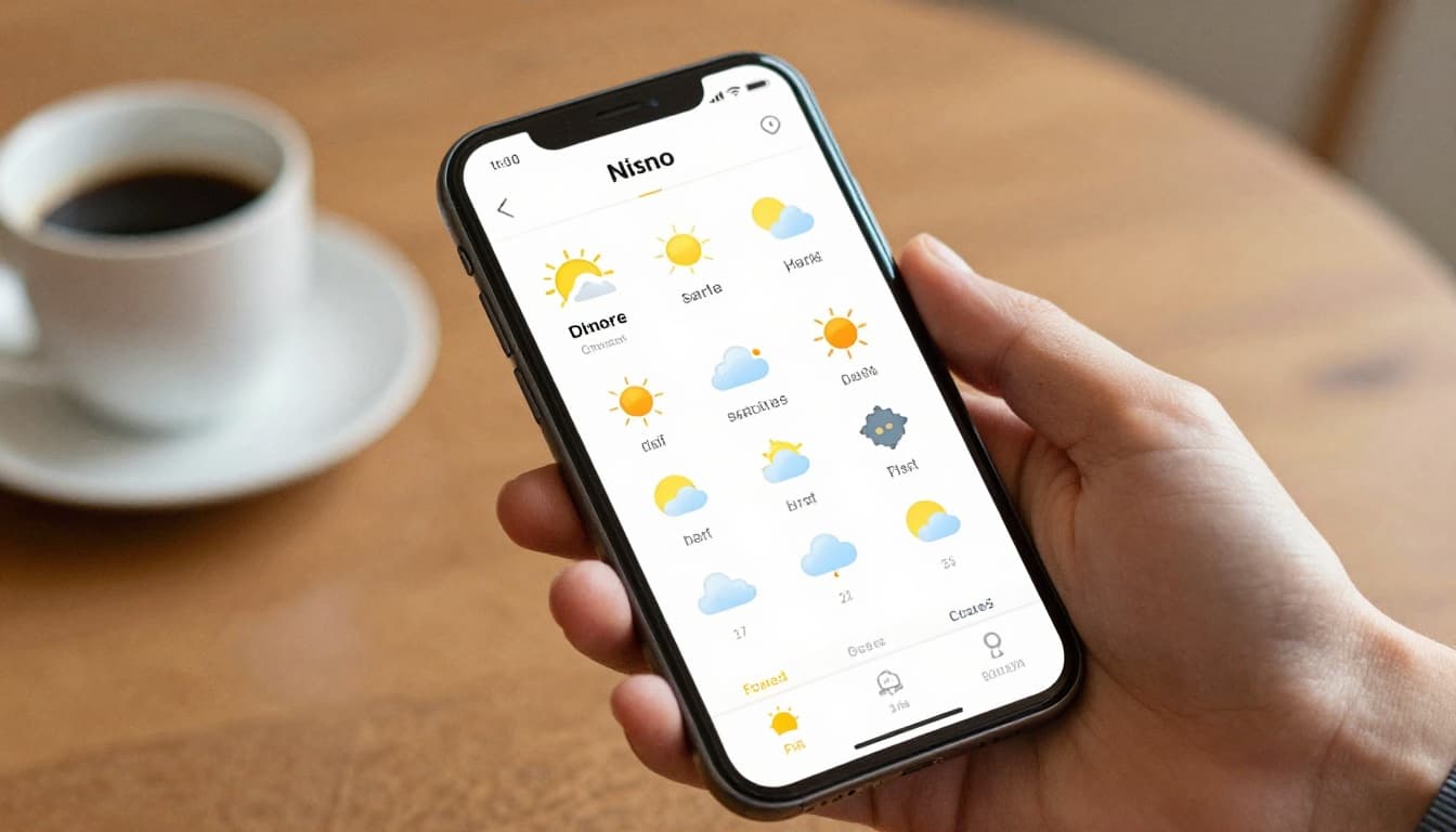 Watercolor-style illustration of a smartphone held in hand displaying a standard weather forecast layout with icons, temperatures, hourly graph, and location, set in a cozy home on a table with coffee and warm lighting.