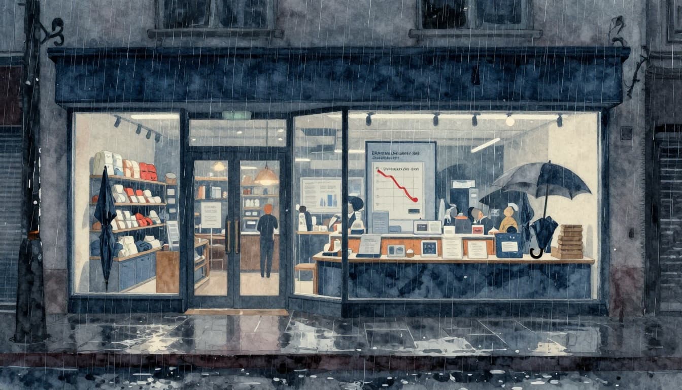 Watercolor style image of stormy rain pouring outside a city retail store window, with wet empty streets reflecting lights and inside sales charts showing declining lines.