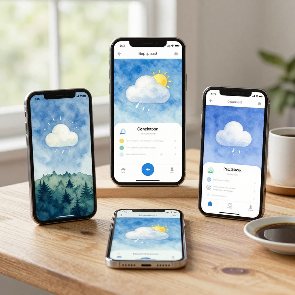 Watercolor icons of popular weather apps as angled phone screens arranged on a wooden desk with a coffee mug nearby, soft blending, visible brush texture, consistent palette, three devices, natural window lighting.