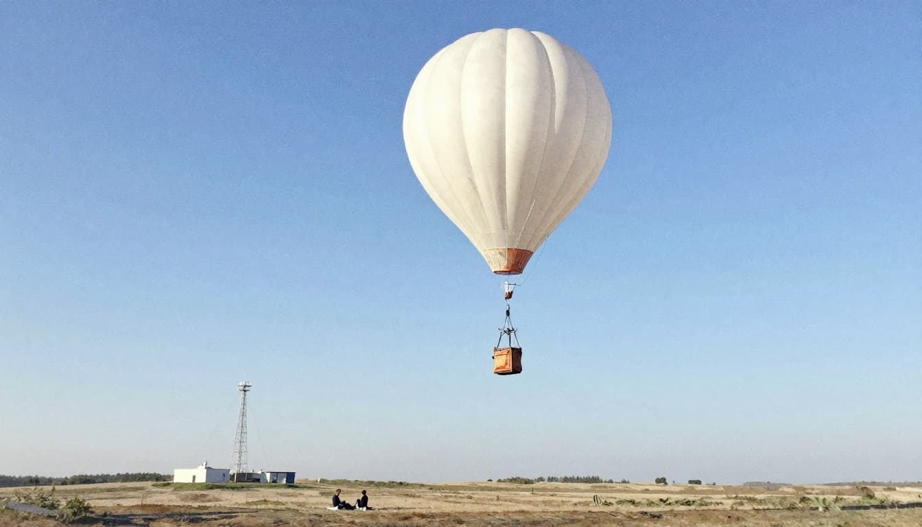 Large helium-filled latex weather balloon with suspended radiosonde package ascending into clear dawn sky over open field, watercolor style with soft blue tones and brush textures.