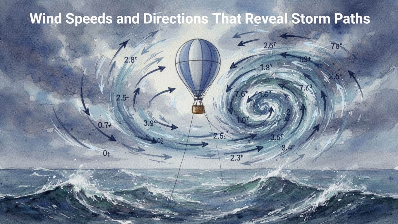 Watercolor illustration of a weather balloon radiosonde with arrows showing wind speed and direction at different altitudes, revealing upper-level steering currents for storms like hurricanes, in cool blue tones over stormy skies.