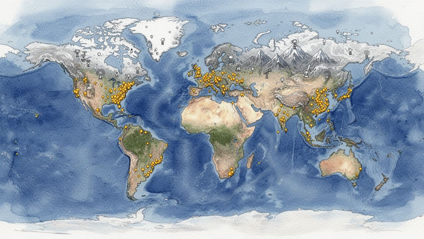 Watercolor-style world map highlighting weather observation gaps, featuring vast empty blue oceans, sparse white polar regions and mountains, and dense yellow station clusters over populated lands like US and Europe.