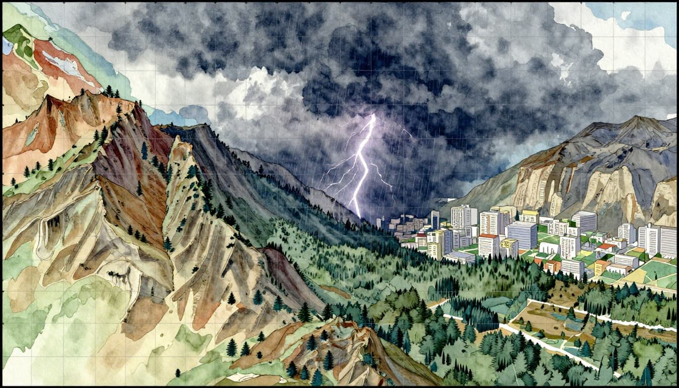 Watercolor illustration of a computer weather model grid overlay on varied terrain, with uniform averaged colors contrasting detailed landscape and a sudden localized thunderstorm in a mountain valley.