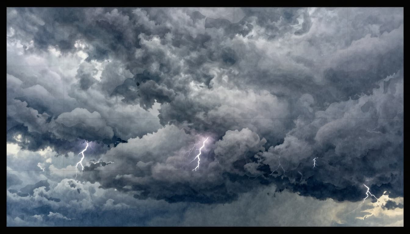 Computer grid overlay divides stormy sky into large square cells, missing small thunderstorms between lines; watercolor style contrasts smooth clouds with blocky model.