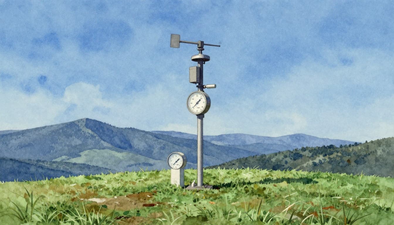 Watercolor painting of a weather station on a grassy hill with anemometer, wind gauge, thermometer, rain gauge, and barometer under blue sky and distant mountains.