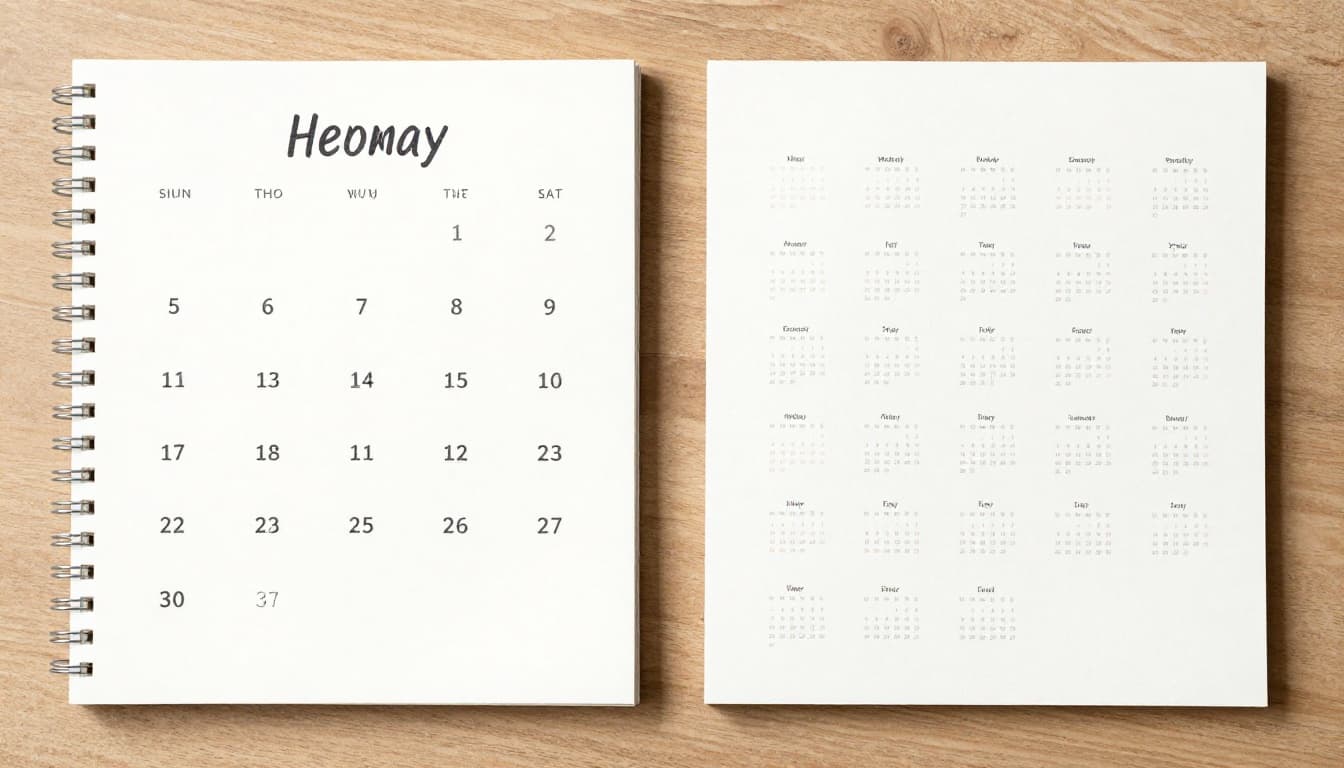 Two contrasting watercolor calendars side by side on a sunny office desk: left features a week with detailed hourly slots for short-term planning, right shows months across a year for long-term forecasting, in soft earthy tones with natural light and brush textures.