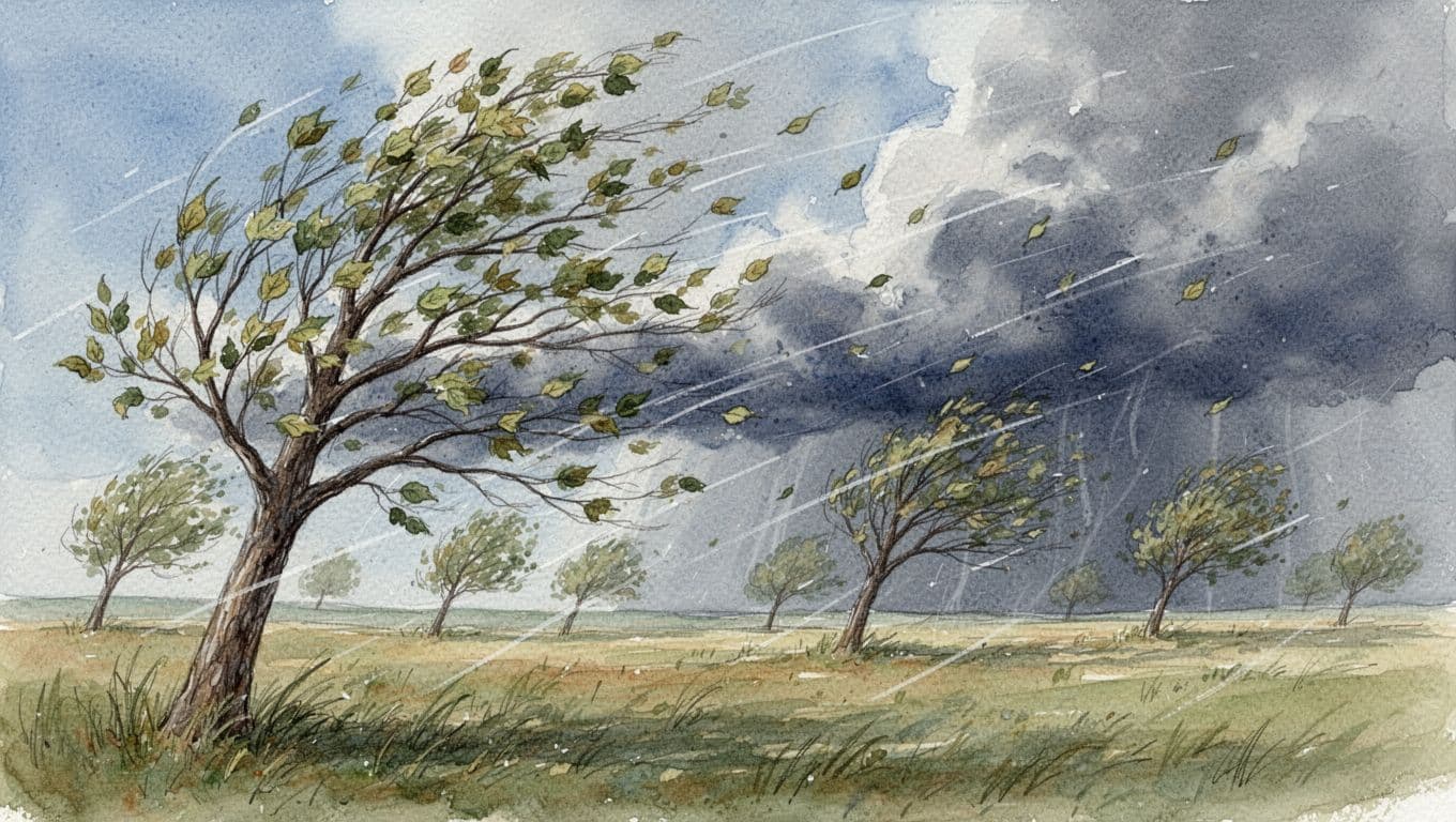 Trees and leaves bend in strong wind on a breezy spring day with low-pressure storm clouds approaching over an open field, in watercolor style with earth tones and soft blending.